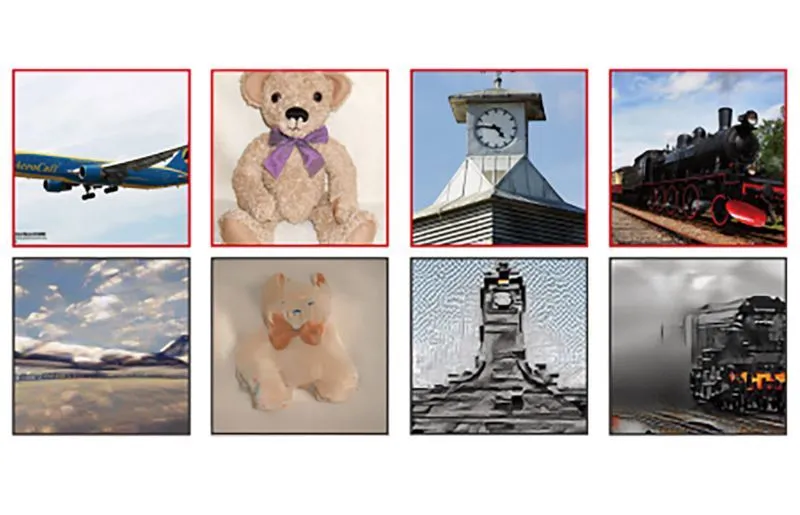 a plane, teddy bear, clock tower and train; first as the person saw them, then as the A.I. created them