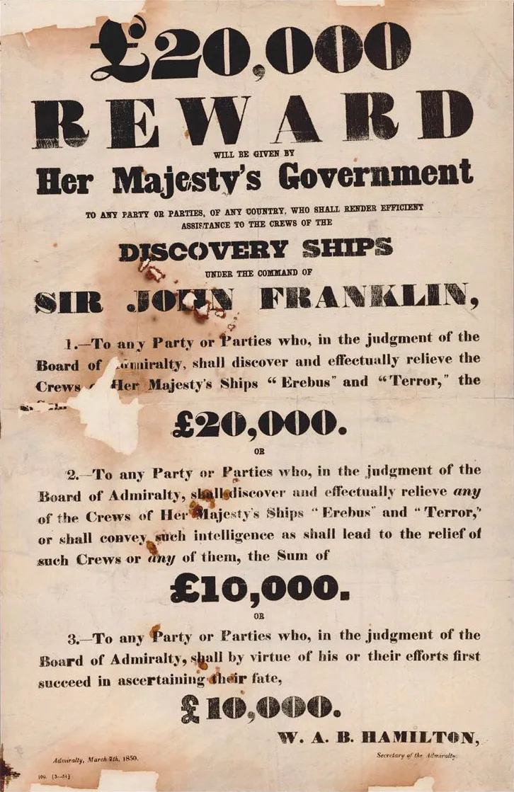 A poster outlining rewards for information about the lost Franklin expedition