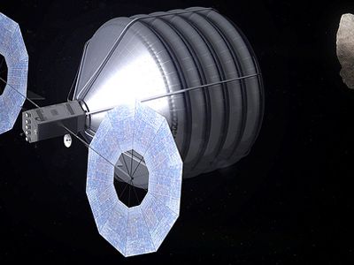 Artist's conception of a robotic retrieval spacecraft approaching a target asteroid.