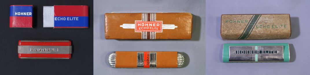 Three iterations of the John Vassos-designed Echo Elite harmonica.