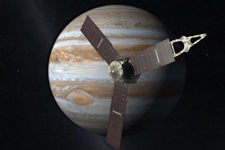 An artist's rendition of what the Juno spacecraft will look like as it flies by Jupiter