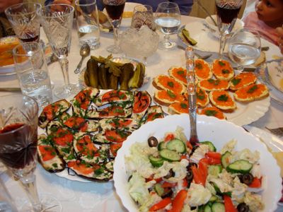 A spread of Russian zakuski or small dishes
