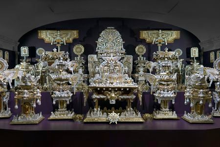 Large-scale installation, "The Throne of the Third Heaven," made of many silver and gold component parts.