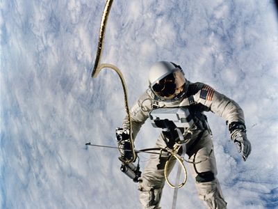 Astronaut Ed White conducts the first U.S. spacewalk on June 3, 1965