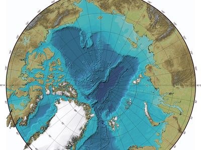 A composite chart depicting the Arctic Ocean sea floor.