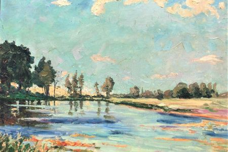 Churchill painted Lake Scene at Norfolk with bright colors inspired by Impressionists like Monet sometime in the 1930s. 