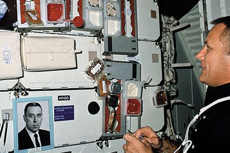 In a joking nod to George Abbey’s power over manned spaceflight, astronauts (like STS-5’s Bob Overmyer) sometimes carried his photo into orbit.