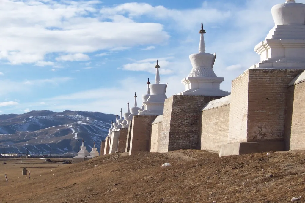 A view of the Orkhon River valley under a blue sky