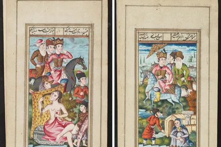These illustrations come from a miniature book of classical Persian poetry.
