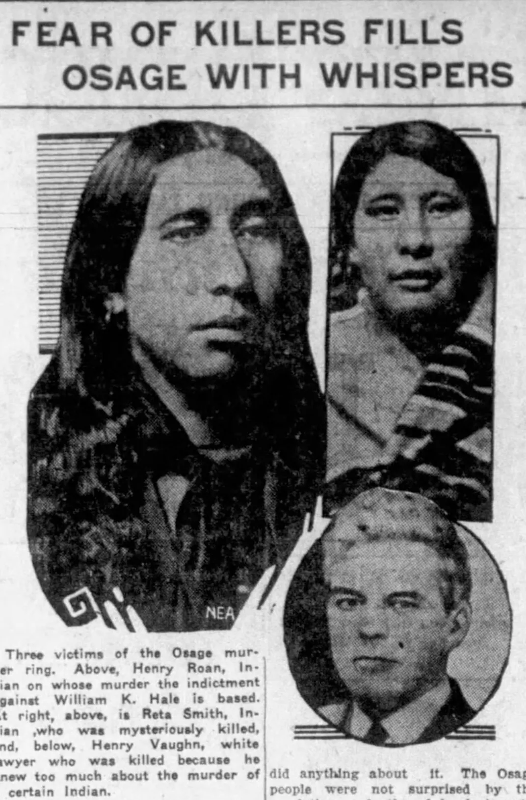 A newspaper article featuring photos of Henry Roan, Rita Smith and W.W. Vaughan
