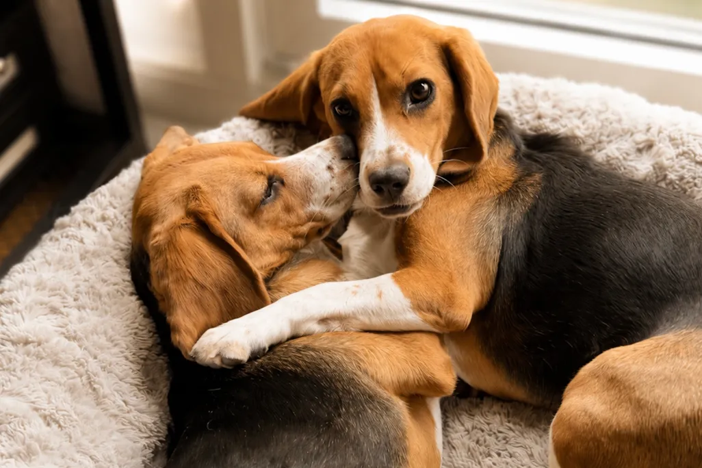two beagles cuddling on a dog bed