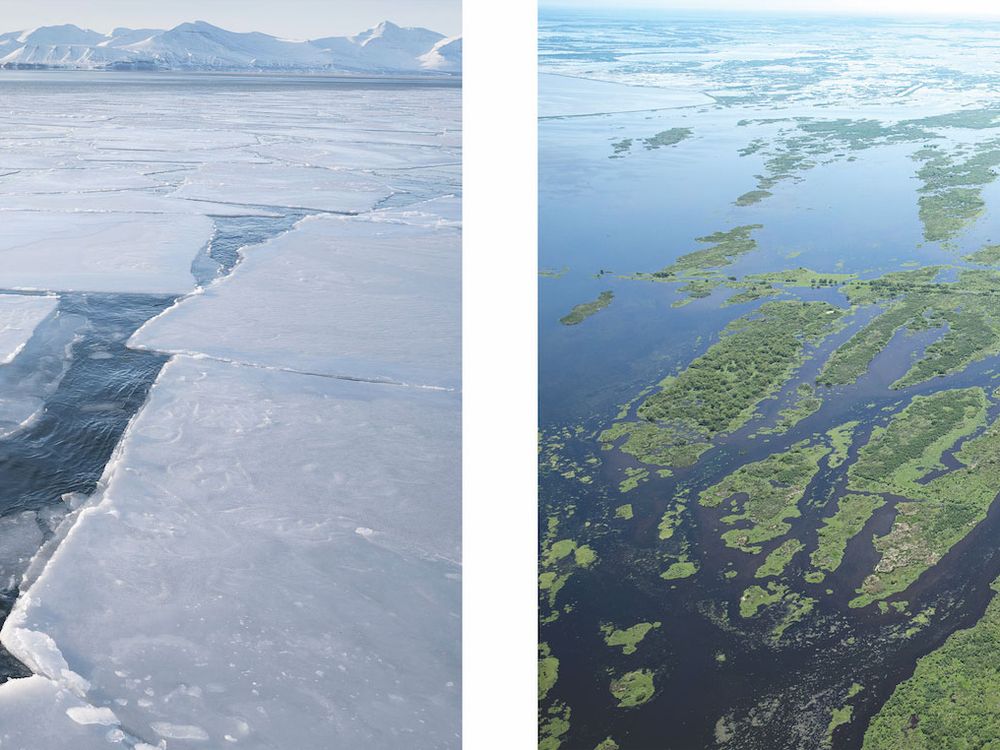 Tabular ice in Greenland next to Louisiana wetlands 