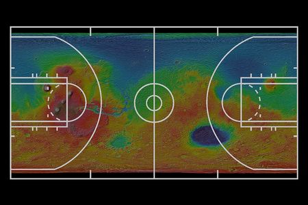 The deep blue egg is an ancient impact crater; court markings are overlaid on the photo to show dimensions.
