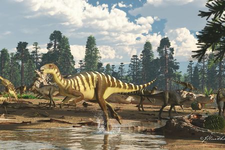 Artist's impression of a Galleonosaurus dorisae herd on a riverbank in the Australian-Antarctic rift valley during the Early Cretaceous, 125 million years ago. 

