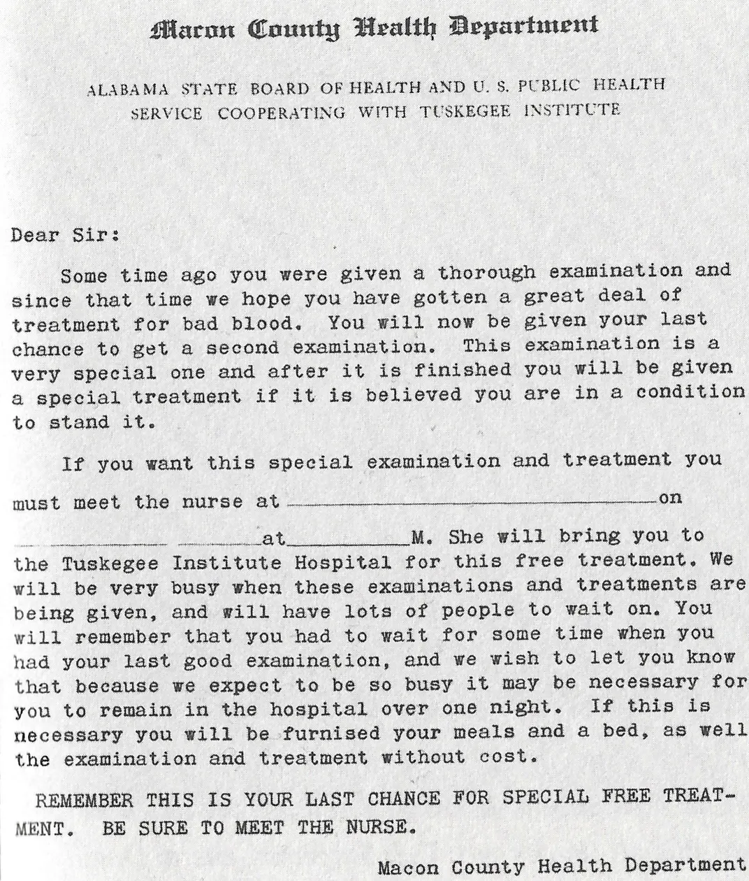 Letter inviting participants in the study to undergo a special treatment
