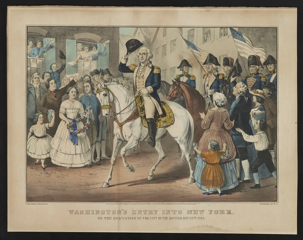 An illustration of Washington's entry into New York on the day of the British evacuation in November 1783