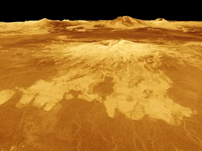 The volcano Sapas Mons rises over the landscape in a computer generated image of Venus based on data from the Magellan spacecraft.