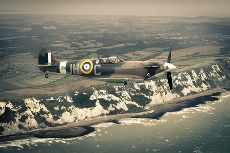 A Supermarine Spitfire Mk VB flies over the cliffs of Dover on Battle Of Britain Memorial Day, September 15, 2013.