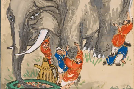 Tomioka Tessai was beloved for the personality and humor he infused in his work, with exaggerated expressions on his figures, and traditional scenes such as that of his 1921 Blind Men Appraising an Elephant (above: detail, 1921).