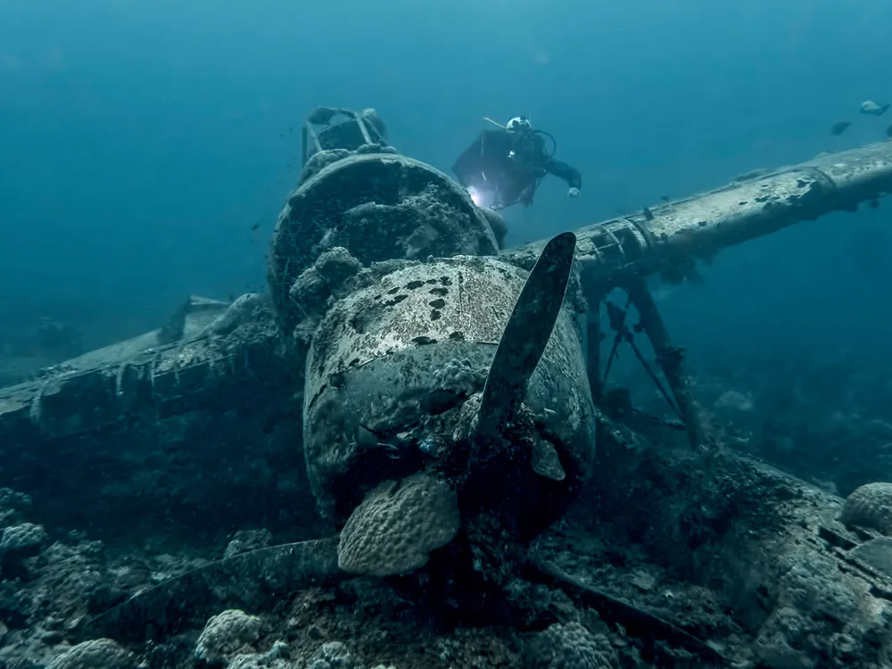 A diver examines the underwater wreck of an airplane