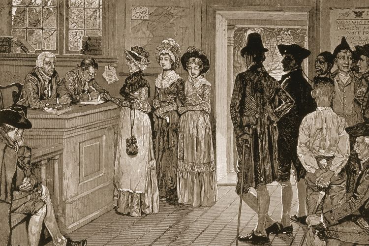 An 1880&nbsp;Harper&#39;s Weekly&nbsp;illustration titled Women at the Polls in New Jersey in the Good Old Times