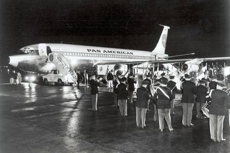 An Army band on the tarmac at New York’s Idlewild Airport serenaded passengers as they boarded the Pan Am Clipper America for its maiden transatlantic flight on October 26, 1958—only 10 days after Boeing delivered the airplane.