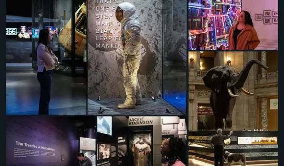 Collage of museum scenes showing visitors viewing exhibits, including an astronaut display, an elephant, and artworks.