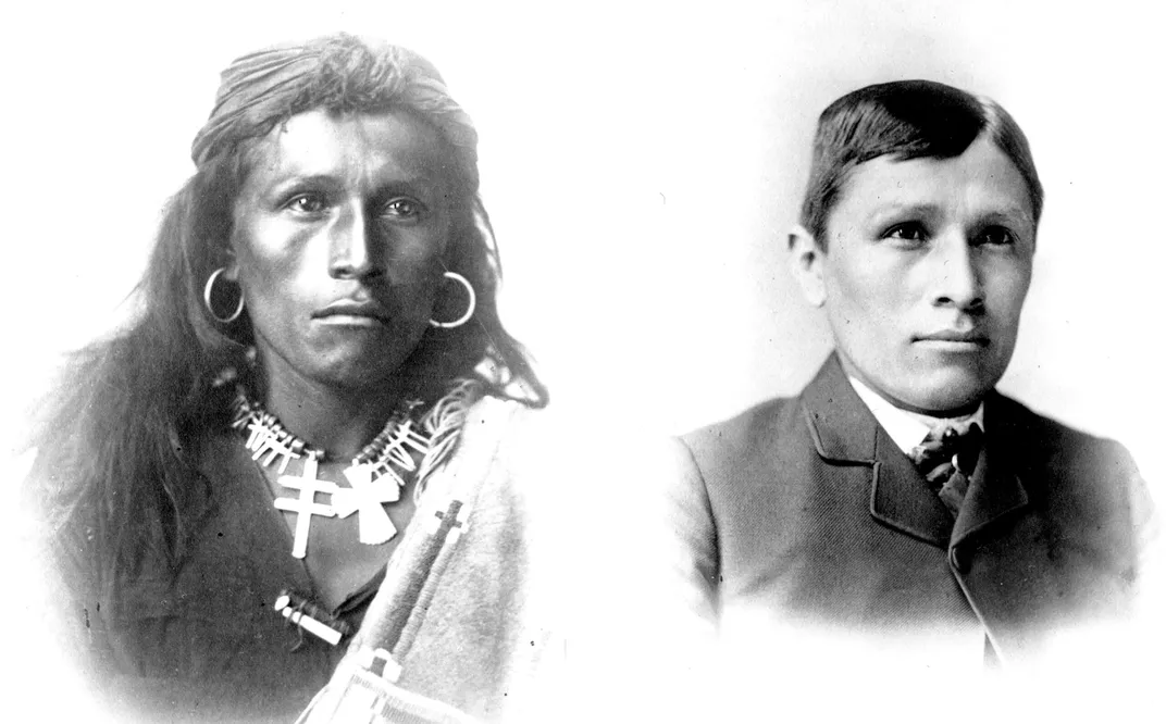 Two side by side portraits of Navajo youth Tom Torlino, at left in traditional Navajo clothing and accessories with long hair, at right with cropped hair wearing a suit and tie
