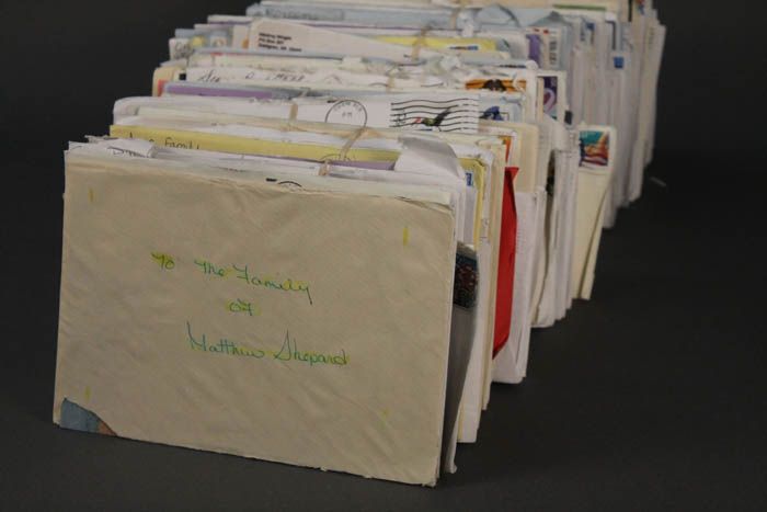 Stack of envelopes addressed to the family of Matthew Shepard