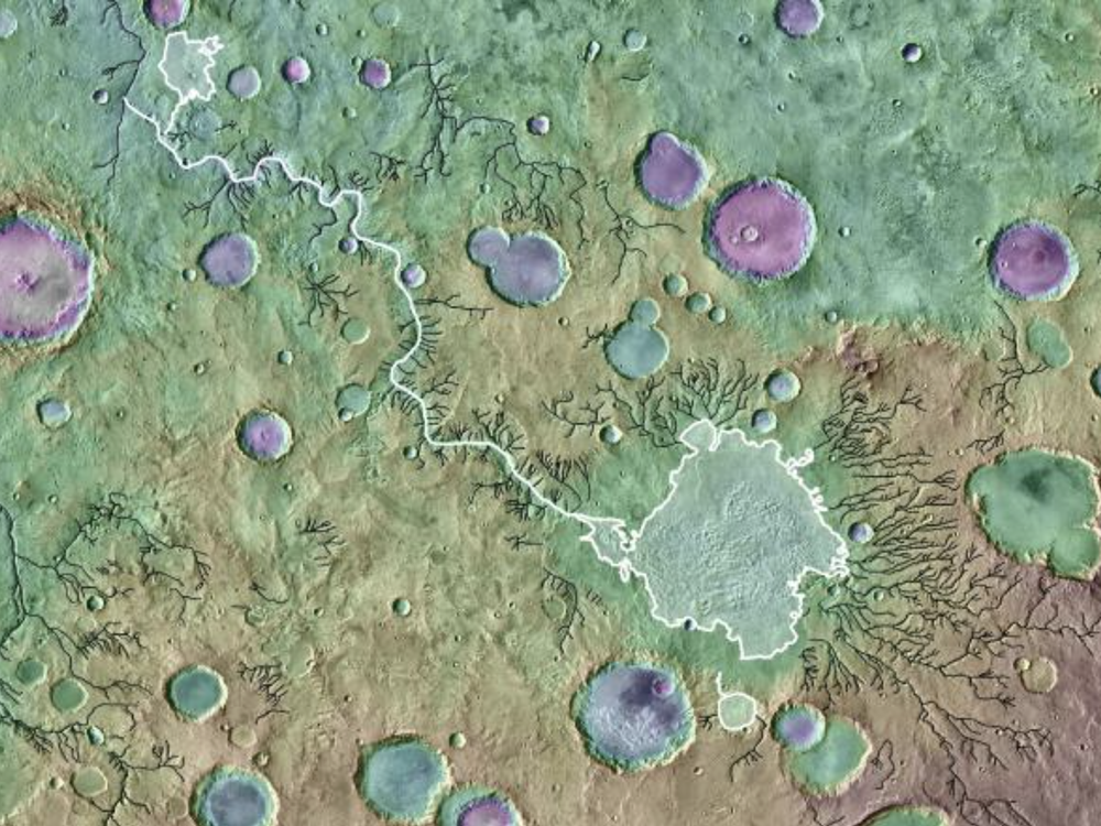 Loire Vallis (white line) is an outlet canyon that formed from the overflow of a lake in Parana Basin (outlined in white). Black lines indicate other valleys formed by processes other than lake overflows.