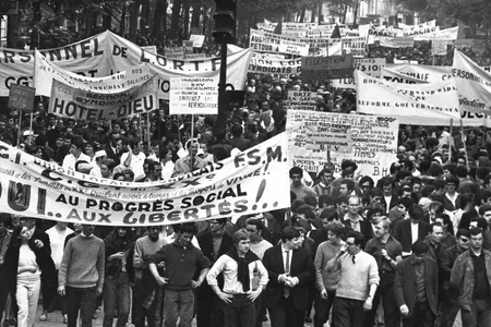 Trade union workers participate in a mass demonstration at the Place de la Republique, Paris, May. 24, 1968