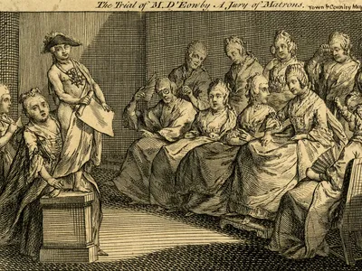An 18th-century illustration of a jury of matrons