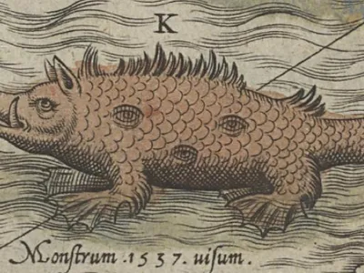 Jonah is cast overboard to a sea monster in an image from the earliest known atlas, the Theatrum orbis terrarum, by Flemish cartographer Abraham Ortelius, first published in 1570.