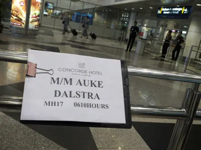 A hotel's welcome notice for Auke Dalstra of flight MH17 is seen at the arrival hall of the Kuala Lumpur International Airport Terminal on July 18, 2014 in Sepang, Malaysia.