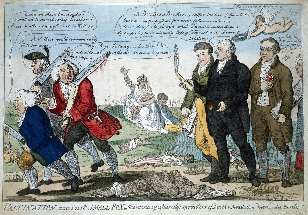 Cartoon showing Edward Jenner, Thomas Dimsdale and George Rose seeing off opponents of vaccination.