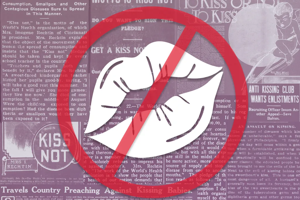 Illustration of lips, with a banned symbol, in front of newspaper articles about the anti-kissing campaign