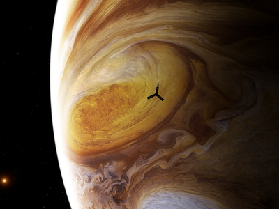 An artistic rendering of Juno approaching the Great Red Spot while orbiting Jupiter