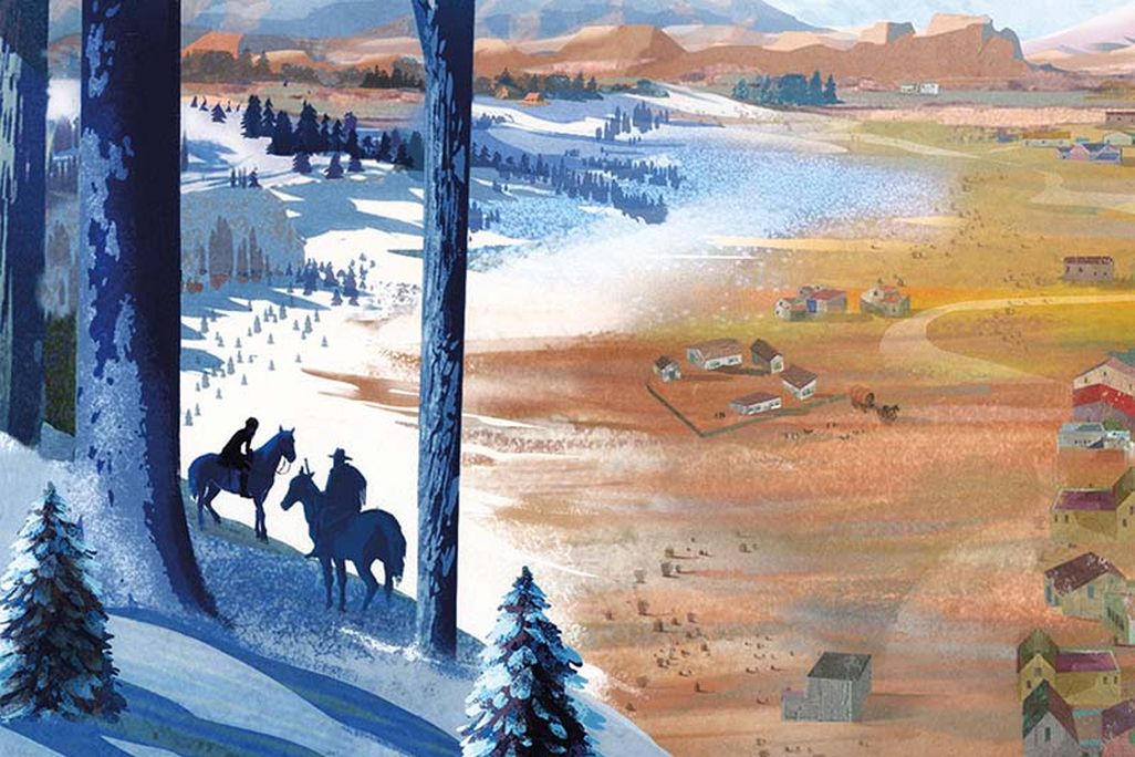 Illustration of people on horseback looking at an open landscape