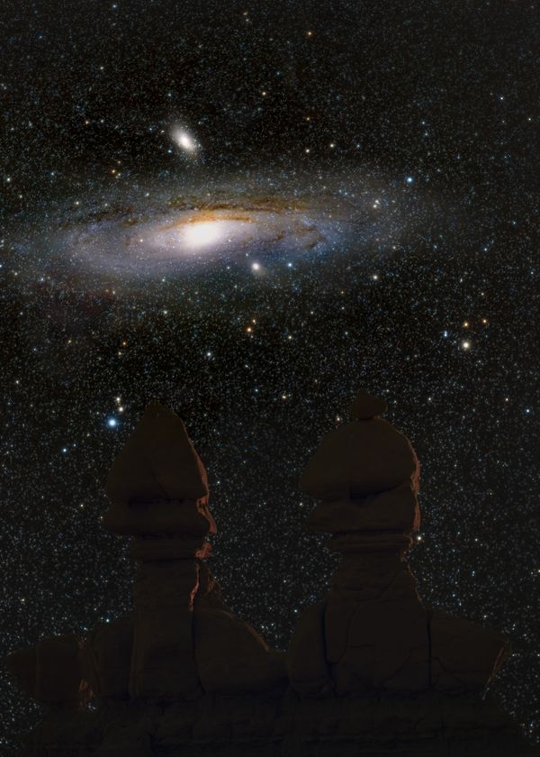 Andromeda galaxy rising over The Three Sisters hoodoos at Goblin Valley State Park in Utah thumbnail