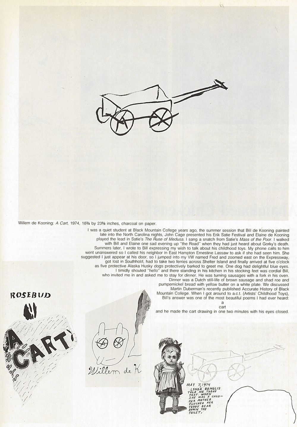 Page from Ray Johnson's article "Abandoned Chickens" in the November to December 1974 issue of Art in America