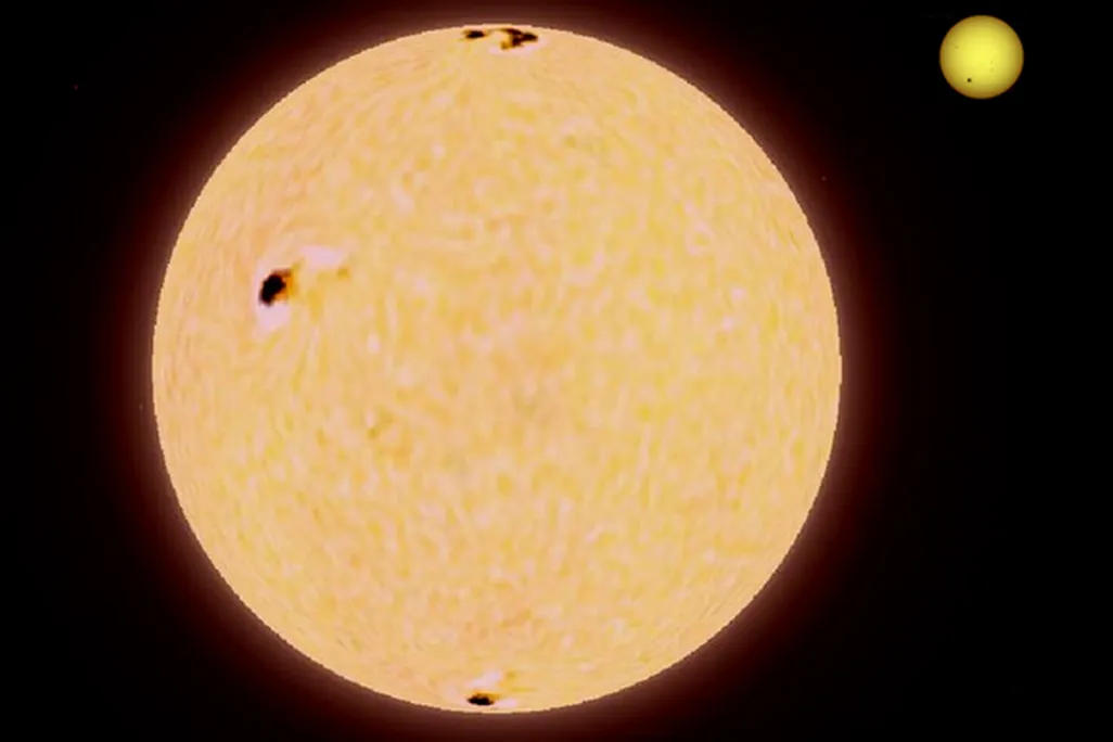 BD+48 740 is just a bit bigger than Pollux, seen here dwarfing our own Sun.