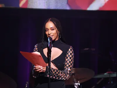 Solange Knowles giving a speech in 2020