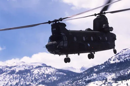The Chinook's cargo capacity, speed, and high-altitude performance make it the ideal support aircraft for Special Operations teams in Afghanistan. Here, a CH-47D Chinook flies over the Marine Corps Mountain Warfare Training Center near Bridgeport, California.