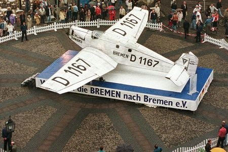 On the 70th anniversary of its 1928 nonstop flight from Ireland to Canada, the Bremen gathers a crowd of well-wishers in its namesake town in Germany.