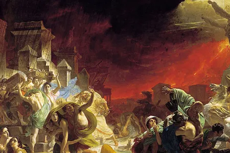 "Last Days of Pompeii" depicts an artist's rendering of the catastrophic final hours of Pompeii as the citizens were buried alive in ash.