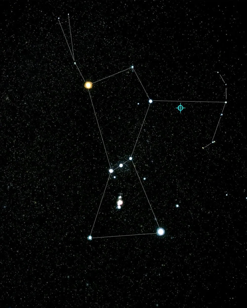 The constellation of Orion, with a bullseye on the location of the blazar.