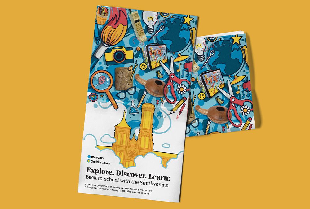 "Explore, Discover, Learn: Back to the School with the Smithsonian" guide on yellow background