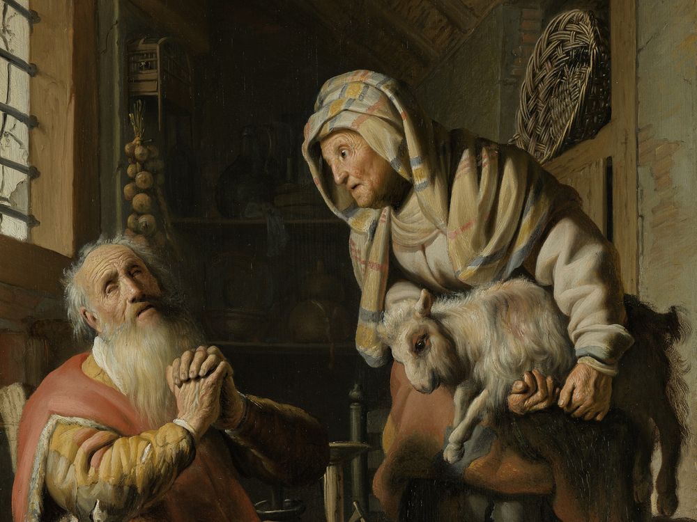 A painting of an elderly man praying while a woman speaks to him, holding a baby goat