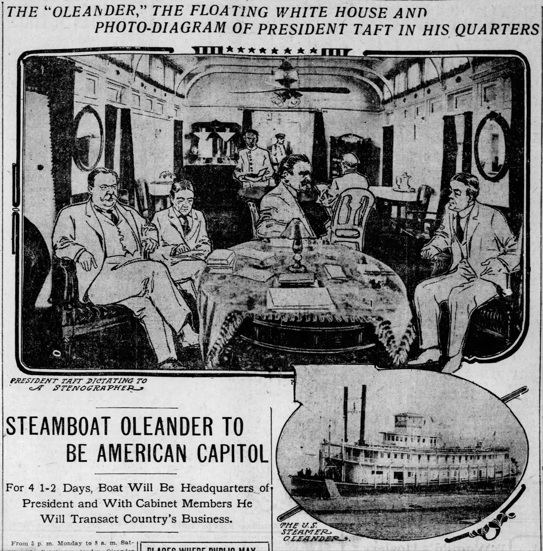 A newspaper illustration of Taft on board the Oleander​​​​​​​