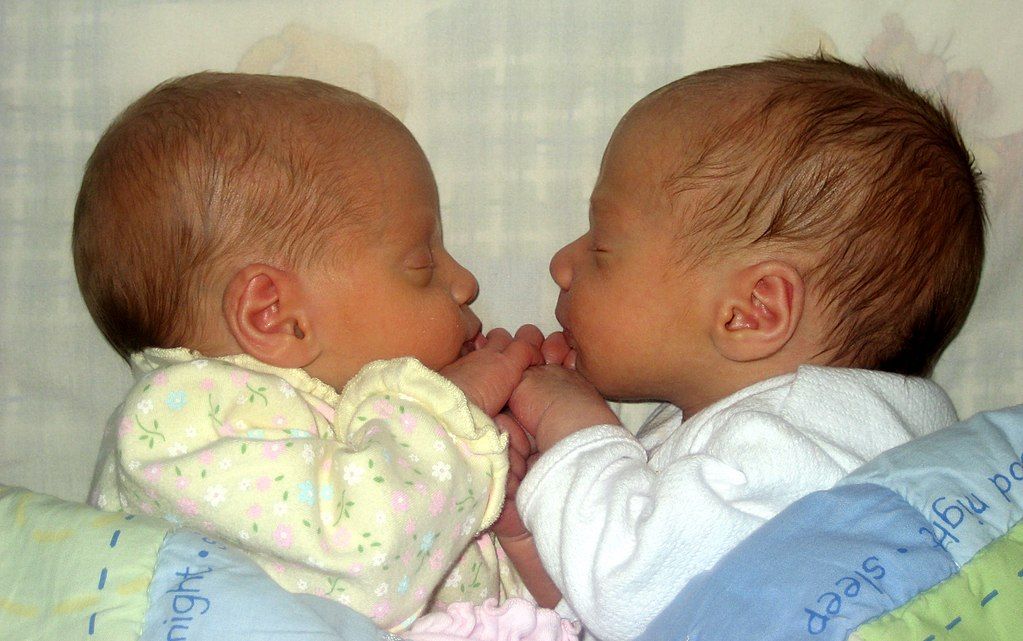 A photo of two newborns facing each other and holding hands